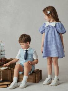 PrepCrw Rochie pentru fete tinere, cu guler contrastant, în carouri albastre, cu mâneci bufante, stil preppy - Albastru si alb - Vizualizare 2