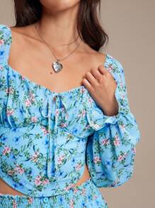 WESTFADE Áo crop top tay dài cổ tim in họa tiết mùa xuân bằng vải chiffon - Màu tím - Xem 2