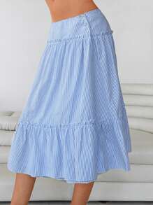Roylia Women's Striped Ruffled Hem Cotton Skirt, Summer - Blue and White - View 6