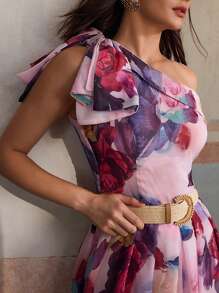 ZEYLAH Romantic Elegant One Shoulder Bowknot & Floral Print Waist Cinched Maxi Dress, Spring And Summer - Multicolor - View 3