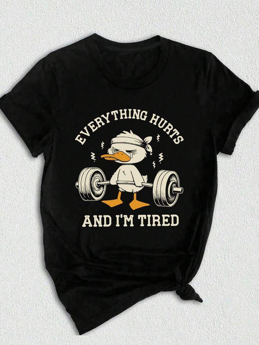 Flirla New Casual And Fashionable Fitness Duck-Printed Slim-Fitting Knitted Pullovers And Short-Sleeved Women's T-Shirts - Black - View 1