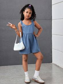 SHEIN Macacão Denim com Alças de Borboleta para Meninas Pré-Adolescentes