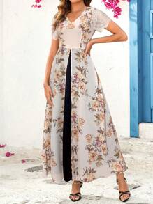 SHEIN Clasi 女士优雅浪漫黑色花卉印花层叠蕾丝下摆长裙 - 杏色 - 查看 4