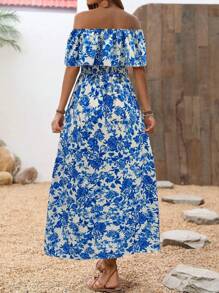 Breezaya 女式花卉印花露肩高低下摆连衣裙，带荷叶边装饰，超长度假海滩装 - 彩色 - 查看 2
