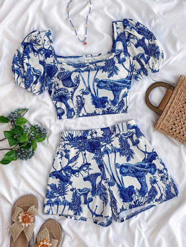 SHEIN Conjunto de blusa curta e shorts de malha floral azul e branca para meninas adolescentes com mangas bufantes ajustadas para meninas, roupa casual/de férias