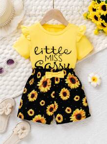 2pcs/Set Girls Casual Ruffle T-Shirt Top & Floral Print Shorts Set, Holiday Vacation - Yellow - View 1