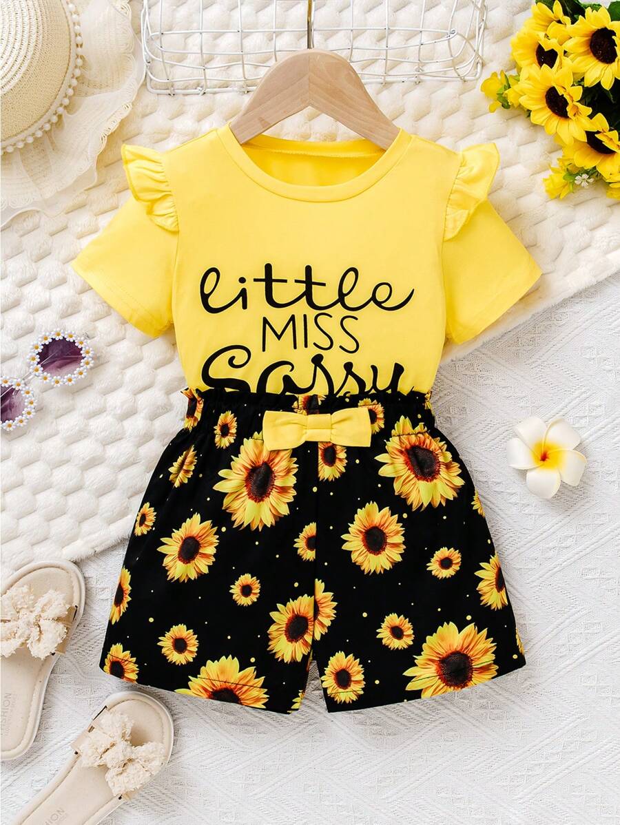 2pcs/Set Girls Casual Ruffle T-Shirt Top & Floral Print Shorts Set, Holiday Vacation - Yellow - View 1