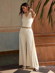 ZEYLAH Elegant Round Neck Sleeveless Side Pleated Jumpsuit, Summer - Beige - View 7