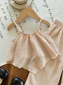 SHEIN LMoss Kids 2件套女婴针织纯色无袖上衣和宽松休闲裤套装 - 米色 - 查看 3