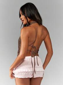 MISSGUIDED Sequin Deep Plunge Cowl Halter-Neck Top - Coffee Brown - View 2