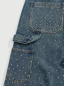 ROMWE MEN Street Life Men's Casual Washed Rhinestone Decorative Denim Shorts Jorts For Summer - Blue - View 4