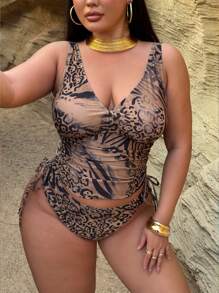 Swim SXY Ensemble de maillot de bain tankini à capuche à cordon de serrage imprimé léopard pour femmes grande taille