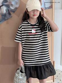 HELLO KITTY | DAZY 女童夏季短袖条纹拼接连衣裙 - 黑與白 - 查看 9