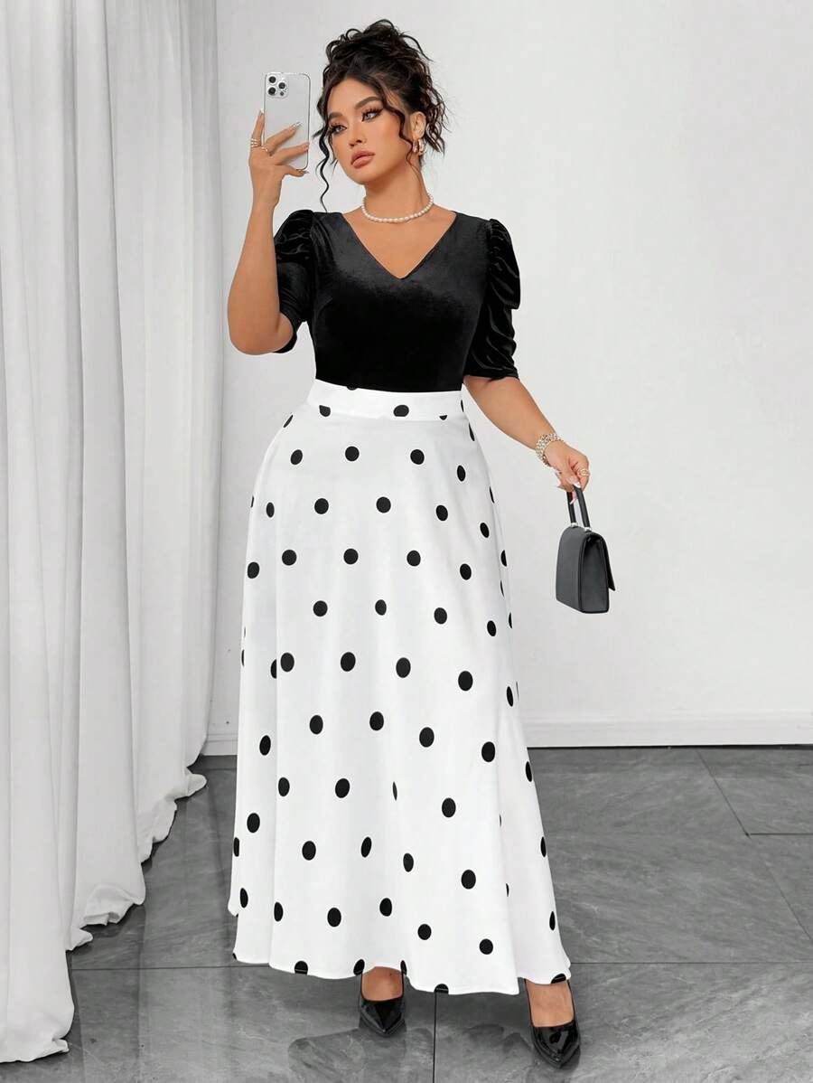 Elenzga 2pcs Plus Size Set: V-Neck Solid Color Short Sleeve Top And Polka Dot Print Skirt - Multicolor - View 1