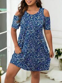 EMERY ROSE Plus Size Women Floral Print Off Shoulder Summer Holiday Dress,Sun Dresses For Women Suitable For Going Out,Flower/Vacation/Spring - Blue - View 1