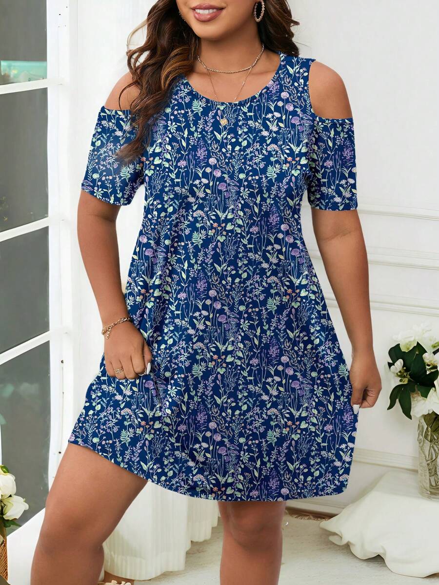 EMERY ROSE Plus Size Women Floral Print Off Shoulder Summer Holiday Dress,Sun Dresses For Women Suitable For Going Out,Flower/Vacation/Spring - Blue - View 1