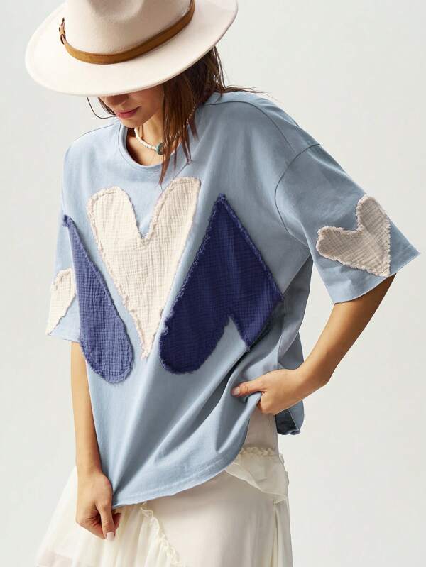Bohemela 1pc Plus Size Casual Plain Knit Short Sleeve Round Neck Loose Washed T-Shirt,Vintage Patchwork Top Blue Summer Tops Heart Graphic Tee