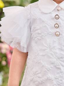 Baby Girl Fitted Woven Solid Color Ruffled Collar & Sleeve Dress - White - View 3