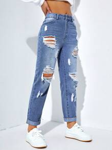 SHEIN EZwear 女式破洞高腰带口袋七分牛仔裤，夏季 - 藍色 - 查看 3
