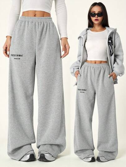 SHEIN Pantalón de chándal holgado de estilo callejero esencial con estampado de letras, para chicas adolescentes, en gris jaspeado