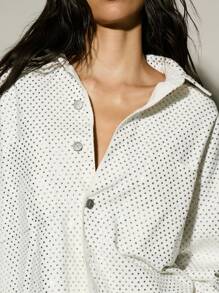 KIZN Rhinestone Studded Denim Trucker Jacket Party Festival Statement Outerwear Streetwear Spring Fall Winter Fashion - White - View 3