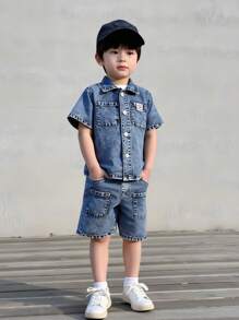 Toddler Boys Fashionable Casual Versatile Outdoor School Denim Suit - Collared Shirt & Elastic Waist Wash Denim Shorts Set - Medium Wash - View 3