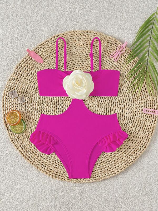 Young Girl' Fuchsia Floral Cute Beach Swimsuit One-Piece, Mommy And Me Matching Outfits (2 Pieces Are Sold Separately) Summer Holiday