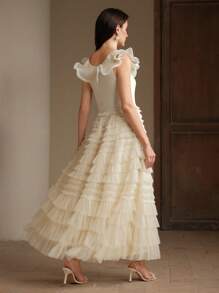 Anewsta Ladies Elegant Ruffle V-Neck Cap Sleeve Patchwork Cake Dress - Yellow - View 2