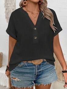 SHEIN Plus Size Women New Fashion Casual V-Neck Button Loose Raglan Short Sleeve T-Shirt