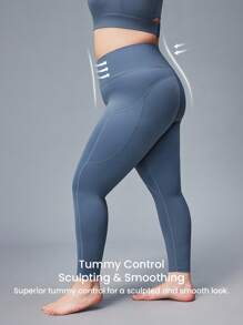 LUVLETTE Damen Große Größen Leggins aus einfarbigem Stoff in Knöchellänge, blaue aktive Sportleggins für Gym