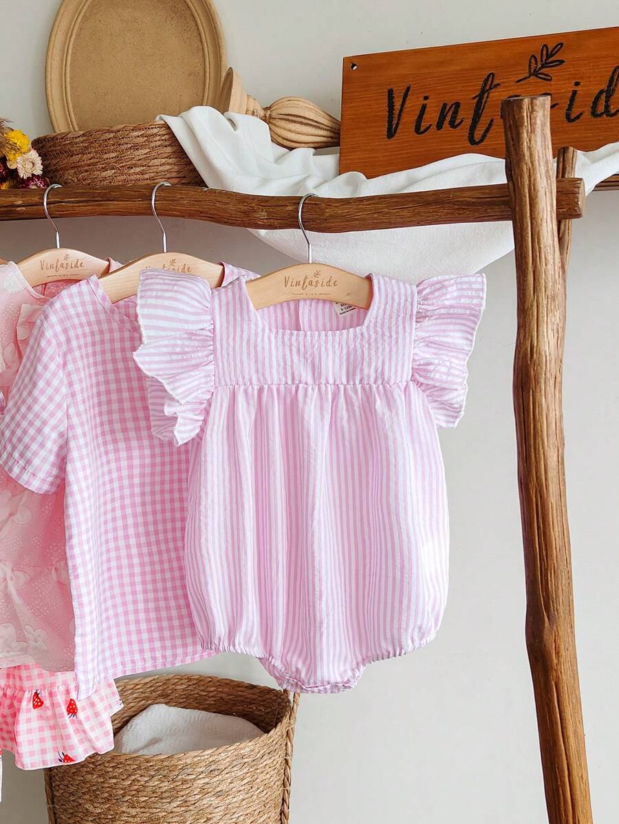 SHEIN Vintaside Kids Baby Girls' Square Collar Striped Ruffle Trim Bodysuit - Pink - View 1