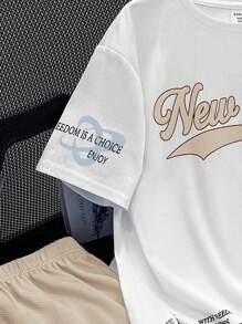 2Pcs Tween Boy Sports & Casual Outfit: Soft, Comfortable, Versatile Short Sleeve Graphic T-Shirt And Elastic Waist Shorts Set, Suitable For Spring, Summer, Autumn, Daily Wear, Outdoor Play, School, Street, Party And Home - Apricot - View 5