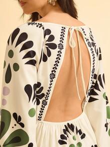 CAJUNI Women's Boho Vintage Floral Print Backless Dress With Waist Cutout, Long Sleeve Vacation Style