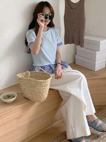 DAZY Maglietta estiva casual a girocollo a maniche corte da donna, in patchwork a quadri, crop top, carina e aderente