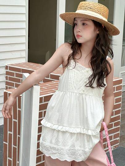 DAZY 青少年女孩纯色蕾丝拼布吊带背心，女孩夏季服装，返校服装