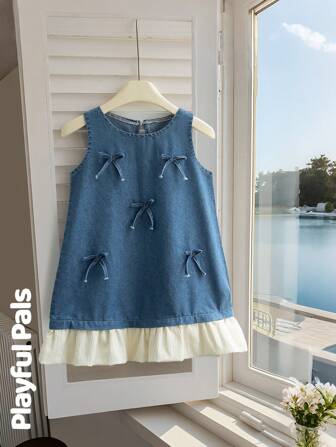 少女2025新款韩版森林系牛仔无袖连衣裙蝴蝶结装饰复古优雅拼接直筒休闲甜美公主牛仔连衣裙