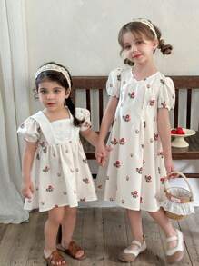 SHEIN LMoss Kids Abito smanicato da ragazza con stampa floreale e block color, adatto per l'estate