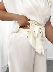 Elenzga Plus Size Simple V-Neck Pleated Tie Tank Top And Loose Wide Leg Pants Set - Apricot - View 5