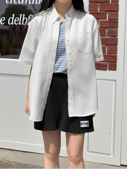 SHEIN 2pcs/Set Teen Girl Loose Casual Minimalist Comfortable Lapel Short Sleeve Shirt And Shorts Set