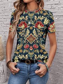 EMERY ROSE 图案宽松圆领短袖T恤，休闲百搭，适合女性外出穿着。 - 彩色 - 查看 4