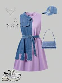 少女棉质无袖牛仔拼布休闲连衣裙 - 紫色 - 查看 3