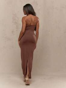 MISSGUIDED Đầm dạ hội maxi quây ngực, ôm sát cơ thể, không dây vai, dài đến sàn, hở lưng, xẻ lưng, thích hợp cho các buổi tiệc tùng, đi club, dạ hội. - Màu nâu  Mocha - Xem 2