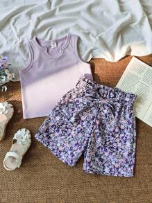 Vintaside Kids YounYoung Girl 夏季砖红色休闲百搭街头风格罗纹数码印花面料无袖圆领背心和松紧腰宽松短裤套装配腰带，适合户外购物 - 彩色 - 查看 1