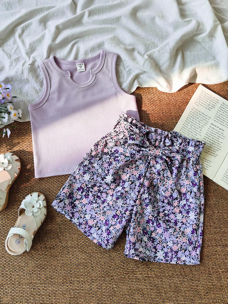 Vintaside Kids YounYoung Girl 夏季砖红色休闲百搭街头风格罗纹数码印花面料无袖圆领背心和松紧腰宽松短裤套装配腰带，适合户外购物 - 彩色 - 查看 1