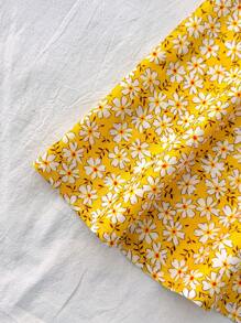 SHEIN 少女黄色编织花卉印花假日休闲碎花细肩带连衣裙，柔和色调连衣裙，夏装，太阳裙，度假裙 - 黃色 - 查看 5