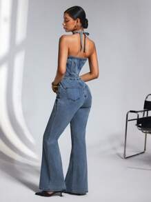 SHEIN ICON 女士休闲日常水洗镂空露背连体裤 - 藍色 - 查看 2