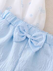 2pcs Baby Girls Summer Blue And White Outfit,Cute Bowknot Pattern Tank Top & Elastic Waist Lantern Pants,Lightweight Vacation Beach Party Set - Baby Blue - View 4