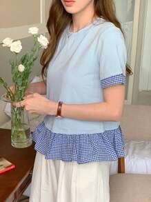 DAZY Maglietta estiva casual a girocollo a maniche corte da donna, in patchwork a quadri, crop top, carina e aderente
