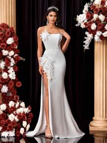 Glamrae Elegant White Glossy Elastic Satin Tube With Fishbone Strips, Romantic 3D Three-Dimensional Floral Fishtail High Slit, Suitable For Graduation And Homecoming Season Wedding Events And Gift-Giving Parties, Light Wedding Dresses For Brides, Heavy-Duty Evening Dresses, Formal, Party Dress, Gown, For Wedding Guest - White - View 7