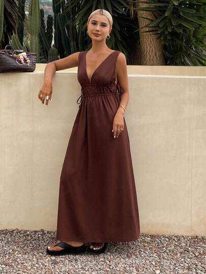 Livesso Women Colorblock V-Neck Cinched Waist Flare Long Dress, Summer Linen